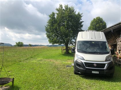 Der Globi auf der Wiese, vor der Kuhweide mit Feuerschale